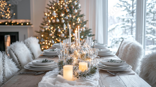 A cozy Christmas dinner table set with white plates, soft candles, and a beautiful centerpiece of pine branches and lights, with a glowing tree in the background.