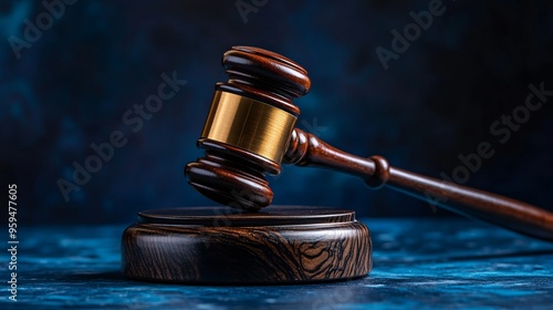 Wooden gavel on a blue table with a dark blue background. Symbol of law, justice, and legal proceedings