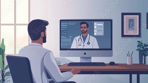 A scene of telemedicine consultation, a patient talking to a doctor through a computer screen