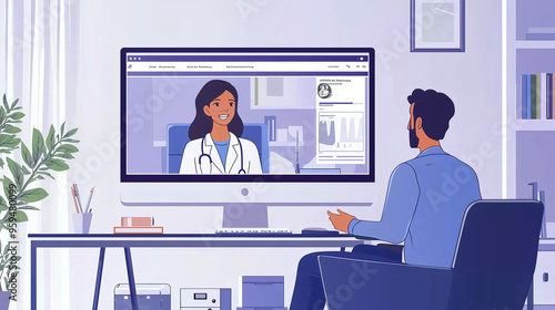 A scene of telemedicine consultation, a patient talking to a doctor through a computer screen