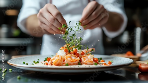 A chef elegantly garnishes a gourmet shrimp dish with fresh herbs, showcasing culinary skill and creativity in a beautiful kitchen setting.