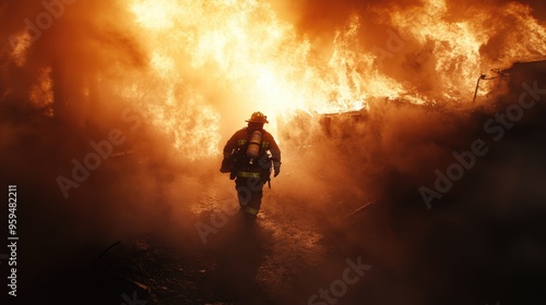 Firefighter walks through smoke and flames during a fire.