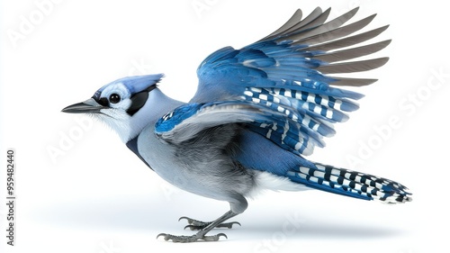 A striking blue jay in mid-flight, showcasing vibrant colors and dynamic feathers against a clean white background.