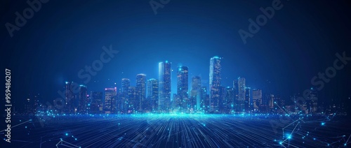 Futuristic city skyline with glowing digital lines in a blue background.