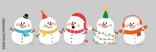 Merry Christmas and happy new year with cute snowman in winter costume. Holiday cartoon and character. -Vector