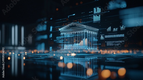 Government building with holographic projections of economic data and policy changes, concept of national economic planning