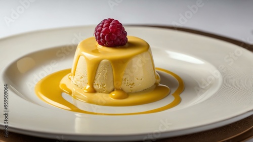 italian dessert dish zabaglione isolated on a ceramic plate, concept for advertisement background