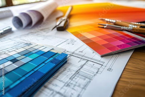 Photorealistic close-up of color samples on a wooden desk with office blueprints and design tools