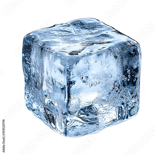 A single, clear ice cube with a frosted surface and a slight blue tint, isolated against a transparent background.