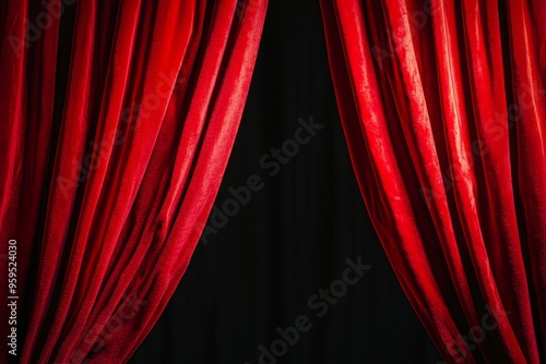 Red velvet curtains pulled back to reveal a black background.