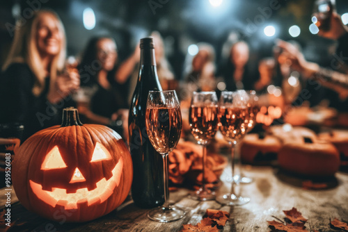 People gathered around a party table celebrating halloween with drinks and pumpkins