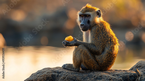 Baboon Holding a Yellow Fruit by the Water at Sunset