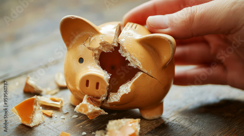 Broken Piggy Bank On Wooden Background. Financial Crisis Concept.