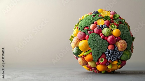 World Vegan Day Globe made of fruits and vegetables, symbolizing global veganism, World Vegan Day, 3D illustration