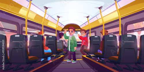 Boy waving inside bus. School transport chair back aisle interior background. Train seat for children passenger indoor. Commute or travel with autobus scene. Public city vehicle modern design