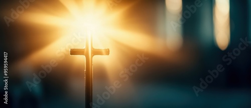 A beautiful cross illuminated by radiant light, symbolizing hope, faith, and spirituality in a serene environment.