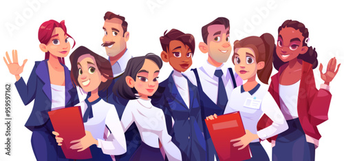 Business team group with diverse people in suits with documents standing, smiling and waving hand. Cartoon vector illustration of male and female corporate coworkers characters community together.