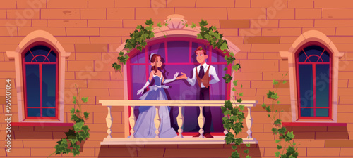 Princess in ball dress and prince on balcony of medieval castle with brick wall, windows and climbing ivy. Cartoon fairytale vector of young couple characters in love on royal palace terrace.