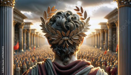 Roman emperor with laurel wreath addressing a crowd in ancient Rome. Closeup view from behind