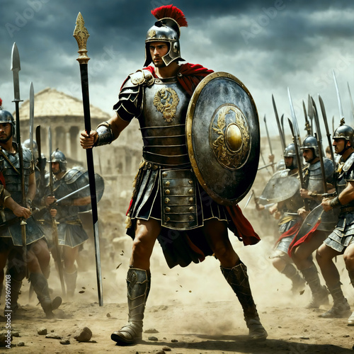 Roman male legionary (legionaries) wear helmet with crest, gladius spear, sword and a scutum shield, heavy infantryman, realistic soldier of the army of the Roman Empire, on Rome background.