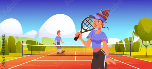 Tennis players with rackets on court during training or competition. Cartoon vector man and woman athlete in costumes with equipment playing sport game on stadium. Activity and recreation concept.