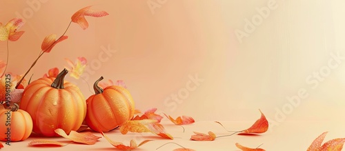 Pumpkins and leaves on a pastel background with copy space Autumn harvest Thanksgiving and Halloween invitation cards Seasonal arrangement