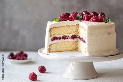 White cake on cake stand on the white background. Generative Ai