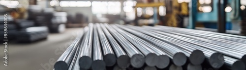 Industrial Warehouse with Stacked Metal Rods in Focus, Blurred Background of Machinery and Equipment