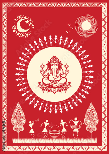 Divine Dance: A Captivating Warli Depiction of Ganpati Festival. Warli Ganpati festival, Warli Krishna painting, Indian folk art Ganpati, Warli religious art, Festival painting.