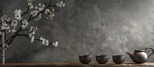 Tea drinking in wabi sabi Japanese style features dark clay cups and a teapot on a wooden tea table adorned with blooming cherry branches The background consists of textured grey concrete