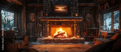 A warm fireplace in rustic cabin creates cozy atmosphere, surrounded by wooden walls and snowy landscapes outside.