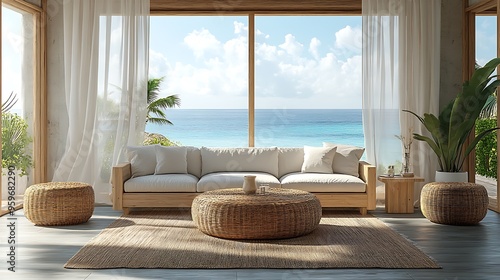 A bright and airy coastal living room with light wooden furniture, soft ocean-toned fabrics, and sheer curtains gently swaying with the breeze, large windows framing a peaceful ocean view,