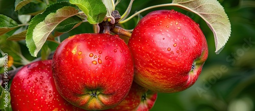 Ripe red Idared apples are hanging on a tree in the garden An agricultural farm dedicated to apple cultivation Picking ripe juicy apples from a tree. with copy space image