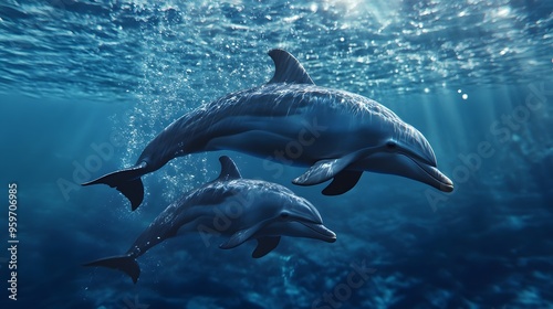 A serene underwater scene featuring two dolphins gracefully swimming together in clear blue waters, capturing the beauty of marine life and tranquility. 