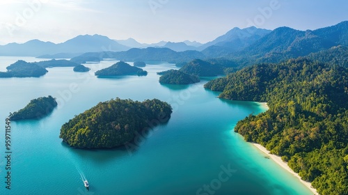 Aerial perspective of the serene Langkawi Archipelago, with its scattered islands and crystal-clear waters.