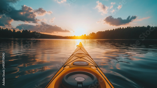 Kayaking on a serene lake at sunset with a beautiful forest in the background