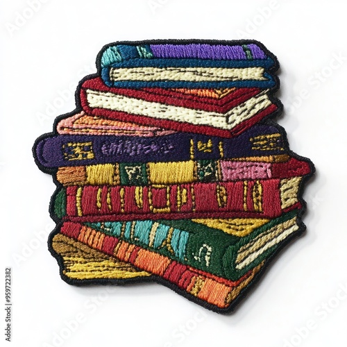 A colorful embroidered patch of a stack of books.