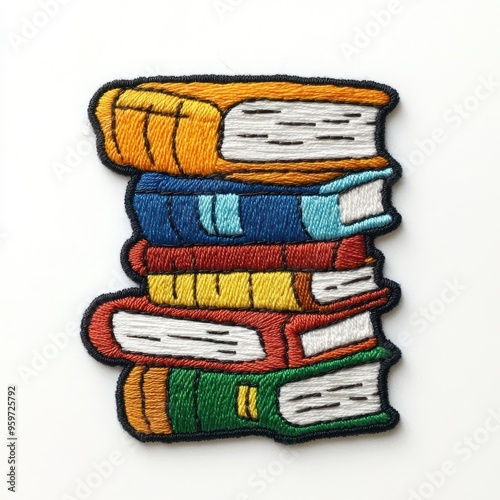 A colorful embroidered patch depicting a stack of five books.