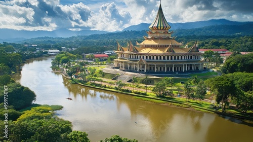 Top view of the colorful Sarawak State Legislative Assembly Building, standing majestically along the Sarawak River.