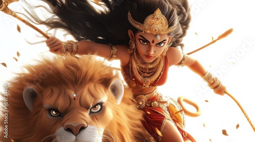 A 3D cartoon of Goddess Durga with a powerful and protective expression, eyes sharp and focused as she rides her lion, on a white background 