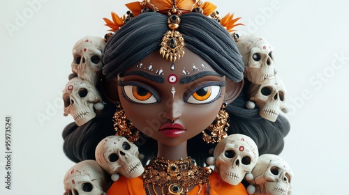 A 3D cartoon of Goddess Kali, with dark skin, a garland of skulls, and a fierce expression, representing the destruction of evil, on a white background