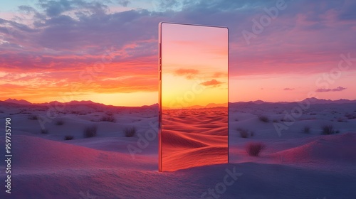 Surreal Sunset Landscape with Giant Smartphone Reflecting Vibrant Colors in Desert Scene - Digital Art, Abstract, Futuristic Technology, Modern Design, Phone Screen, Mobile Device, Conceptual Art,