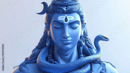 A 3D cartoon of Lord Shiva, the destroyer, in a meditative pose with the third eye on his forehead and a snake coiled around his neck, on a white background 