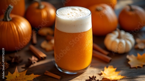 A frothy pint of pumpkin ale on a wooden table, surrounded by pumpkins, autumn leaves, and cinnamon sticks, warm sunlight casting soft shadows, cozy fall setting, hd quality, natural textures.