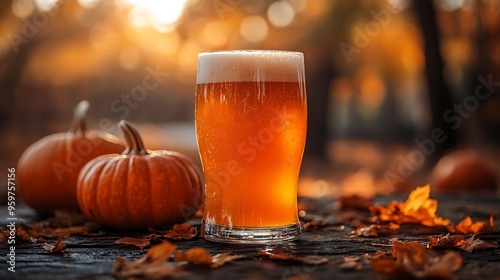 A glass of pumpkin ale with a rich frothy top, placed on a rustic table with pumpkins and scattered autumn leaves, soft golden light creating a cozy and inviting fall atmosphere, hd quality.