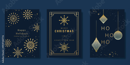 Luxury gold christmas invitation card design vector. Christmas bauble, snowflake with gold foil texture on navy blue background. Design illustration for cover, print, poster, ads.