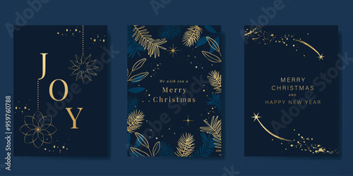 Luxury gold christmas invitation card design vector. Christmas bauble, pine leaves, snowflake with gold foil texture on navy blue background. Design illustration for cover, print, poster, ads.