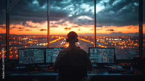 Air traffic controller military base, managing complex operations with a focus on high-security and precision, with military aircraft in the background