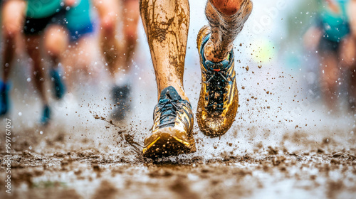 Close up of runners mud splattered legs and shoes, showcasing intensity of race. splashes of mud and water create dynamic and energetic scene.