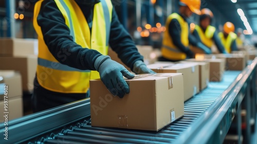 Warehouse Worker Handling Package on Conveyor Belt. Warehouse employee wearing safety gear carefully handles a package on a conveyor belt, ensuring efficient logistics and shipping processes.